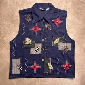 Vintage 90s Sara Studio Fall Foliage Leaf Patchwork Vest Sleeveless Wool Blend
